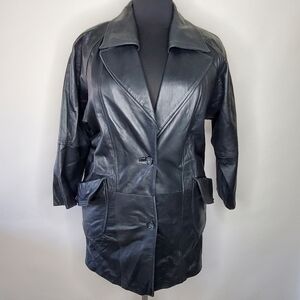Vintage Women's Black Leather Coat Size L Wide Lapel Long Jacket Retro 90s Rare